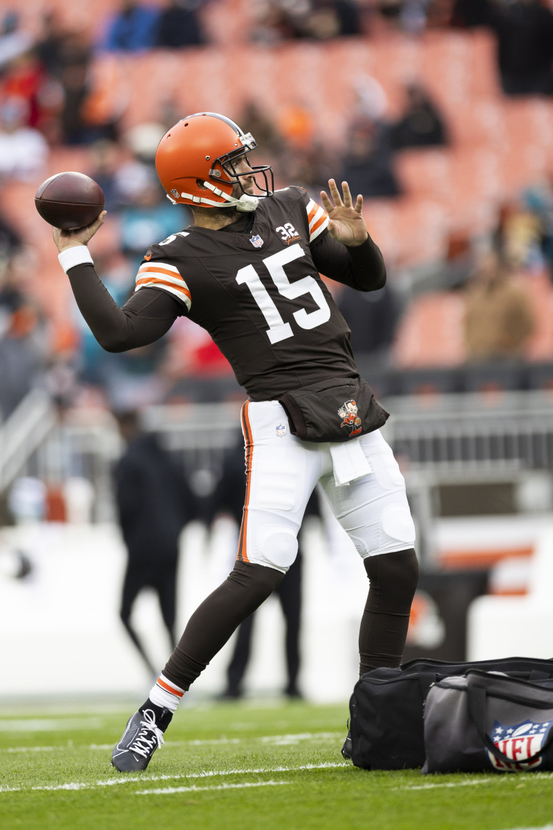 Dec 10, 2023; Cleveland, Ohio, USA; Cleveland Browns quarterback Joe Flacco (15) throws the ball during warm ups before the game against the Jacksonville Jaguars at Cleveland Browns Stadium. Mandatory Credit: Scott Galvin-USA TODAY Sports