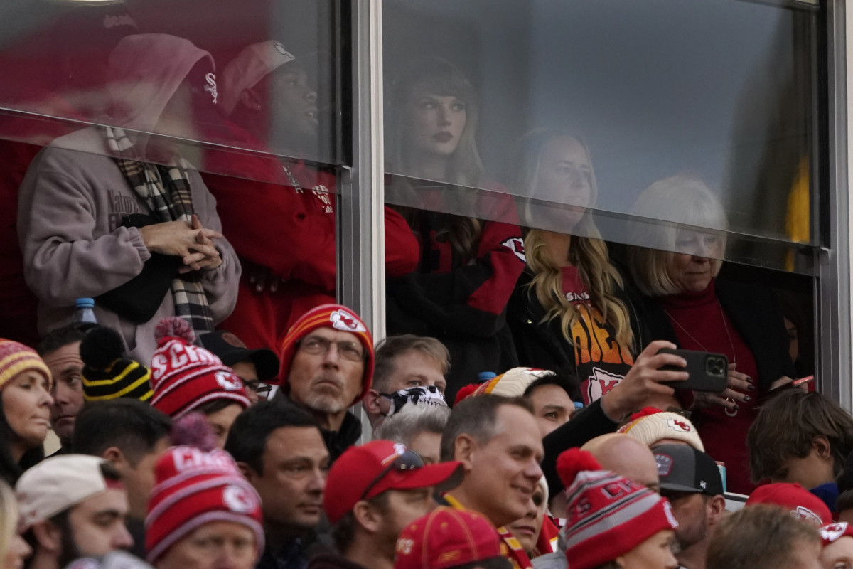 Taylor Swift watches from a suite during the first half of an NFL football game between the Kansas City Chiefs and the Buffalo Bills Sunday, Dec. 10, 2023, in Kansas City, Mo.