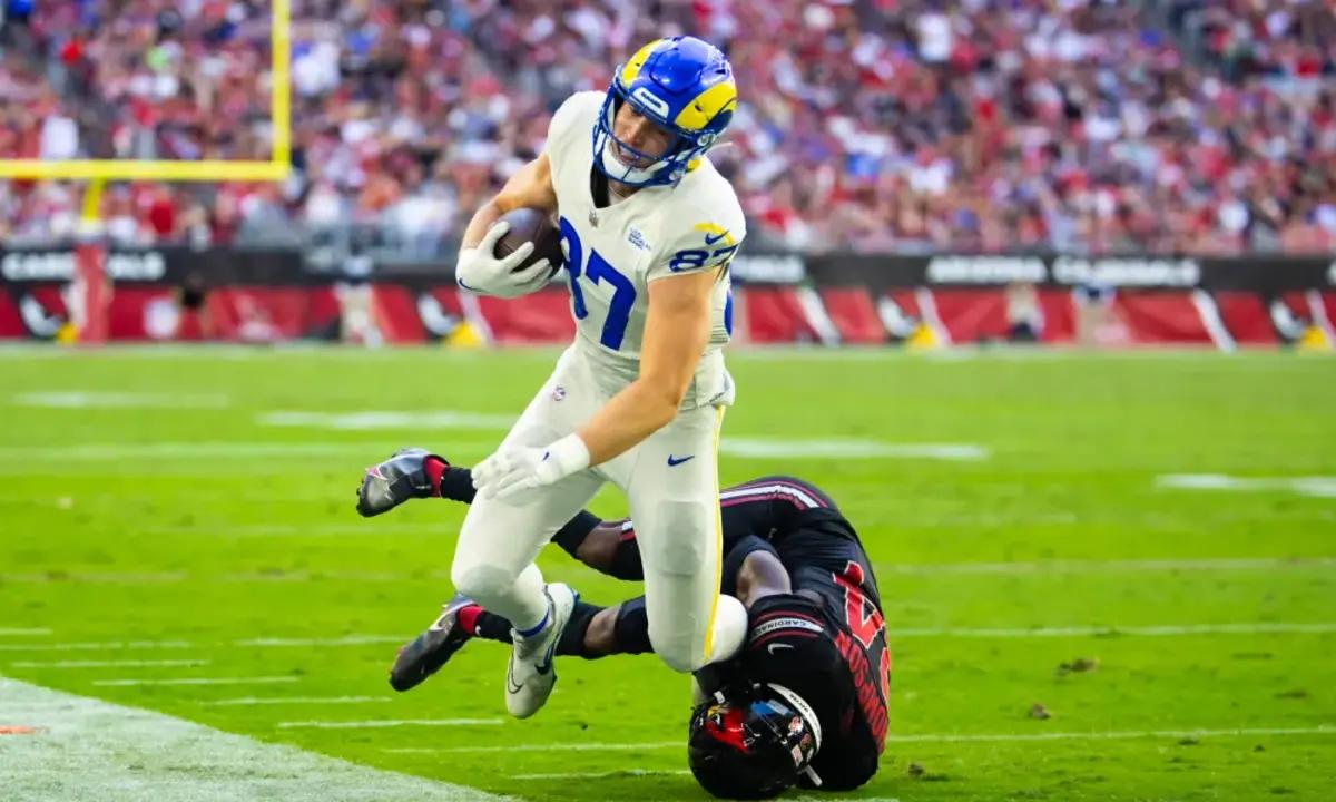 Allen is forced out of bounds after making a catch against the Arizona Cardinals.