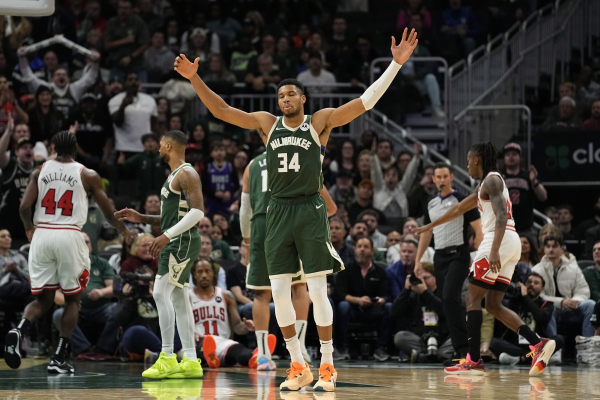 Milwaukee Bucks forward Giannis Antetokounmpo (34) reacts to a call during overtime against the Chicago Bulls