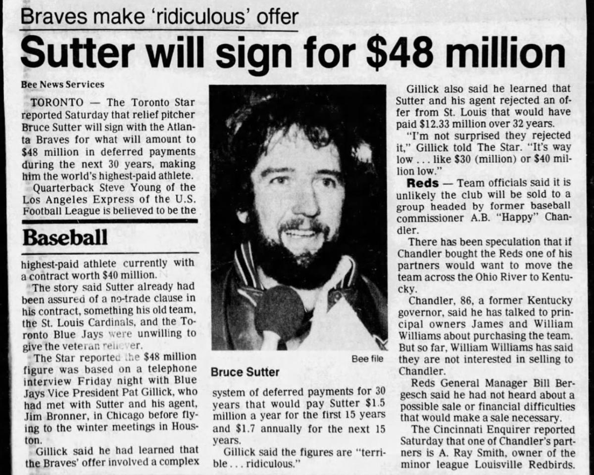 Sacramento Bee article about Bruce Sutter’s record-setting deal with the Atlanta Braves.