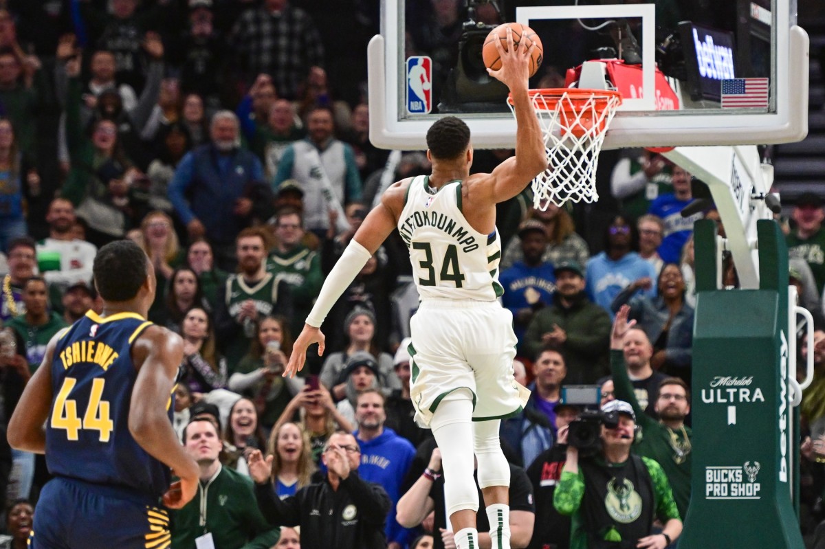 Milwaukee Bucks forward Giannis Antetokounmpo (34) scores 64 points in the fourth quarter against the Indiana Pacers to set a team record 