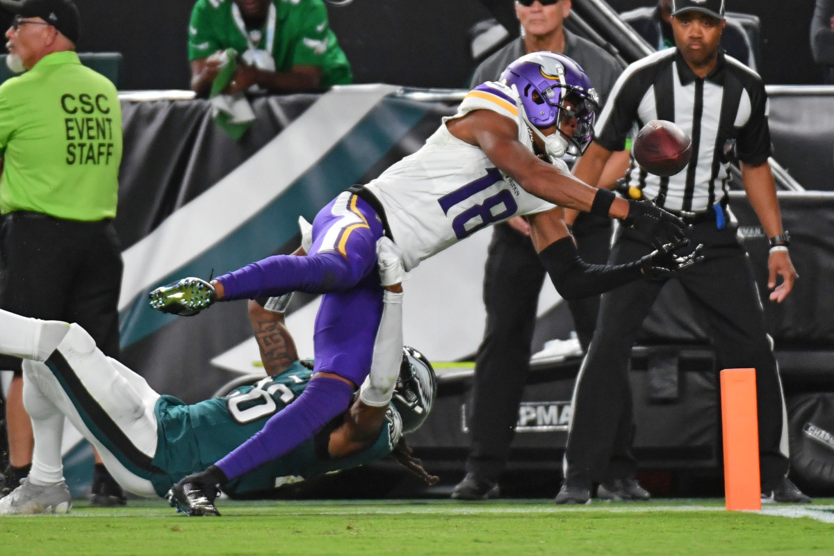 Sep 14, 2023; Philadelphia, Pennsylvania, USA; Minnesota Vikings wide receiver Justin Jefferson (18) fumbles the ball against Philadelphia Eagles safety Terrell Edmunds (26) during the second quarter at Lincoln Financial Field.