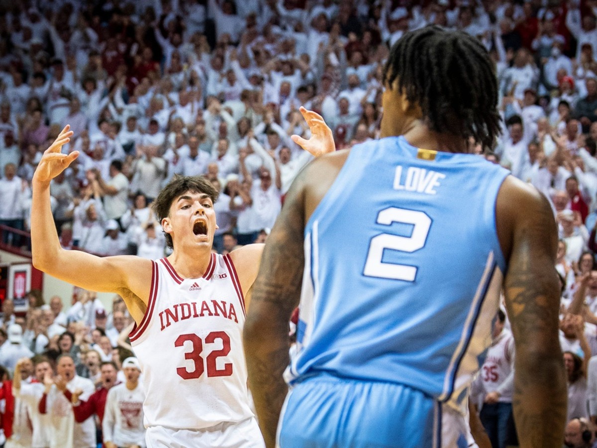 Indiana's Trey Galloway (32) celebrates his dunk during the Indiana versus North Carolina men's basketball game at Simon Skjodt Assembly Hall on Wednesday, Nov. 30, 2022.