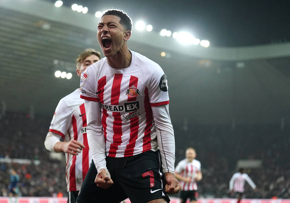 Jobe Bellingham pictured celebrating after scoring a goal for Sunderland in a 1-0 win over Leeds United in the EFL Championship in December 2023