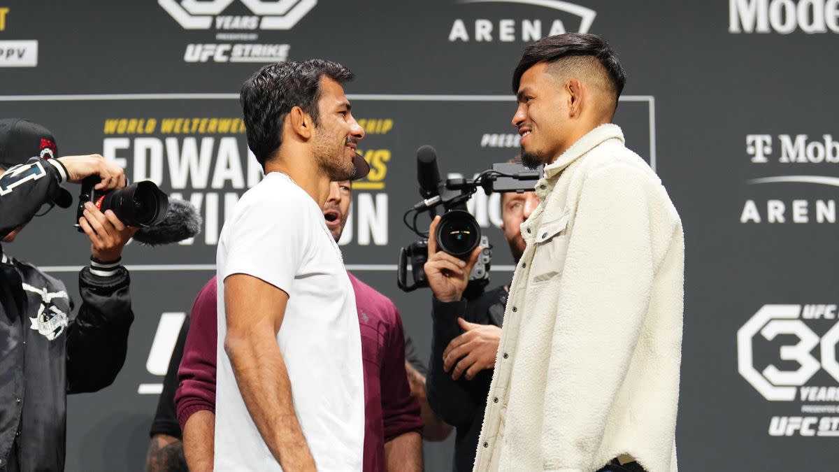 UFC flyweight champion Alexandre Pantoja and Brandon Royval stare down ahead of UFC 296.