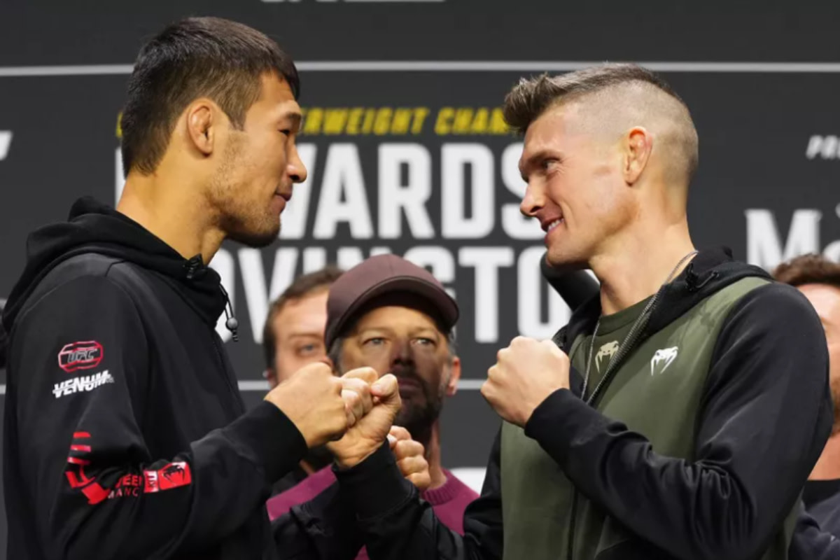 Shavkat Rakhmonov and Stephen Thompson face off during the UFC 296 pre-fight press conference.