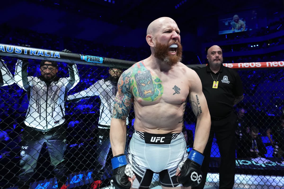 Josh Emmett during Octagon introductions for his UFC fight.