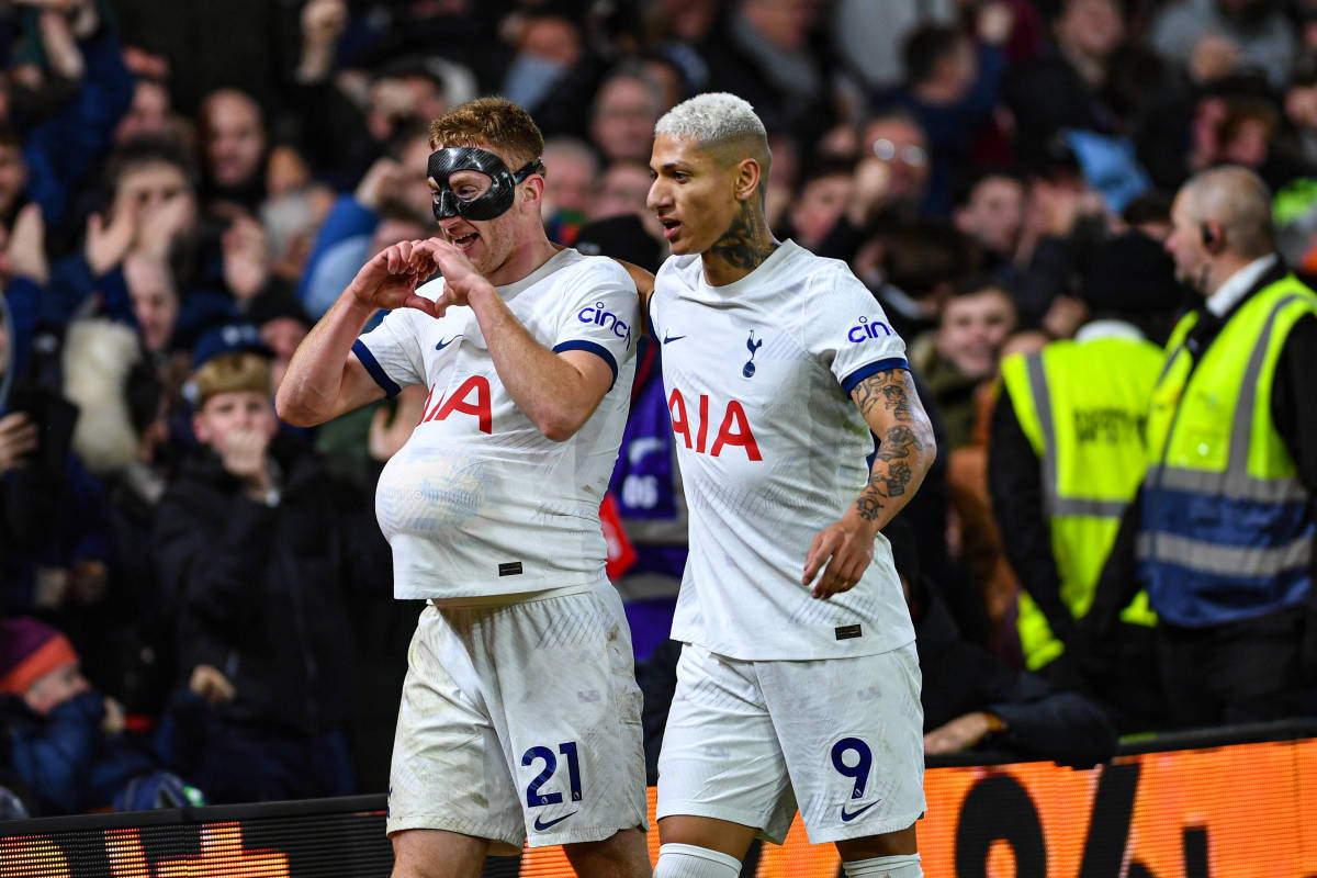 Dejan Kulusevski pictured (left) celebrating alongside Tottenham teammate Richarlison after scoring a goal in a 2-0 win at Nottingham Forest in December 2023