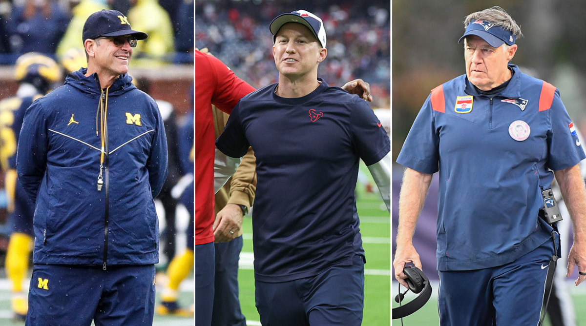 Separate photos of Jim Harbaugh, Bobby Slowik and Bill Belichick