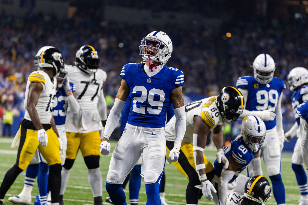 Dec 16, 2023; Indianapolis, Indiana, USA; Indianapolis Colts cornerback JuJu Brents (29) celebrates a tackle in the first half against the Pittsburgh Steelers at Lucas Oil Stadium.