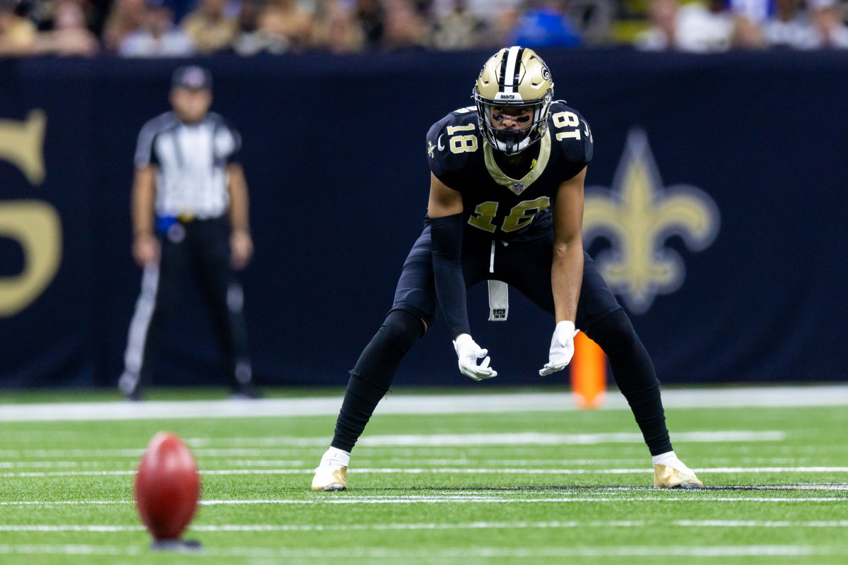 New Orleans Saints wide receiver Keith Kirkwood (18) waits for the ball to be kicked off by the Tennessee Titans