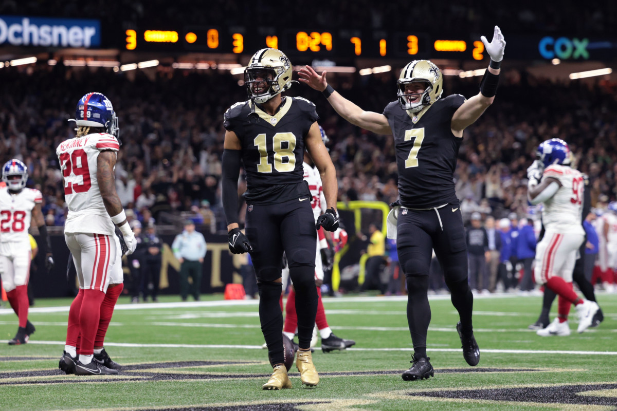 New Orleans Saints wide receiver Keith Kirkwood (18) celebrates  after a touchdown catch against the New York Giants