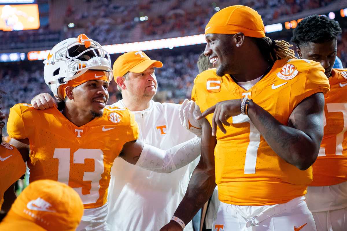 Tennessee Volunteers S Wesley Walker with quarterback Joe Milton III after the win over Texas A&M. (Photo by Brianna Paciorka of the News Sentinel)