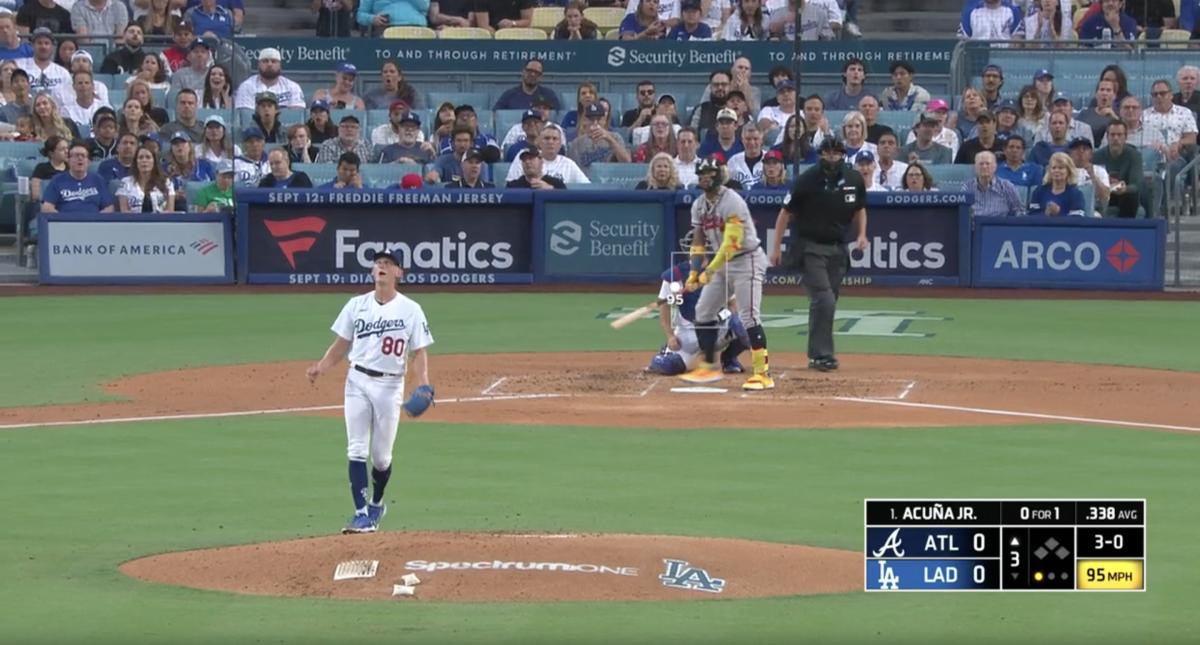 Los Angeles Dodgers pitcher Emmet Sheehan reacts after a pitch