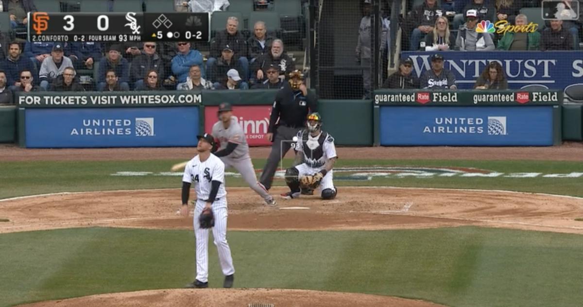 White Sox pitcher Michael Kopech reacts to a San Francisco Giants home run