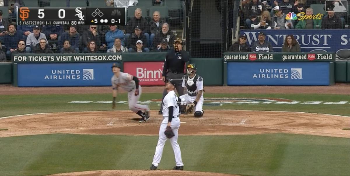 White Sox pitcher Michael Kopech reacts to a San Francisco Giants home run