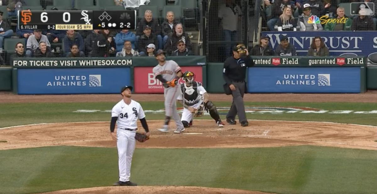 White Sox pitcher Michael Kopech reacts to a San Francisco Giants home run