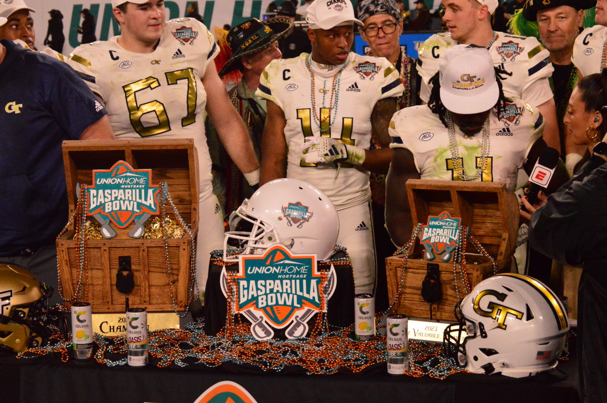 Georgia Tech celebrating winning the Gasparilla Bowl