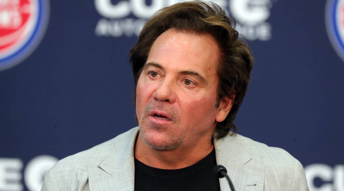 Pistons owner Tom Gores speaks with the media at a press conference.