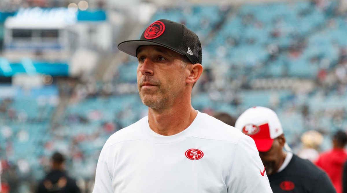 San Francisco 49ers coach Kyle Shanahan looks on during the team’s warmups ahead of a game at the Jacksonville Jaguars.