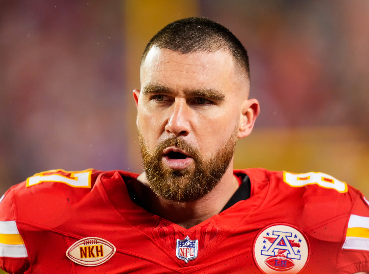 Kansas City Chiefs tight end Travis Kelce reacts during the first half against the Philadelphia Eagles at GEHA Field at Arrowhead Stadium.