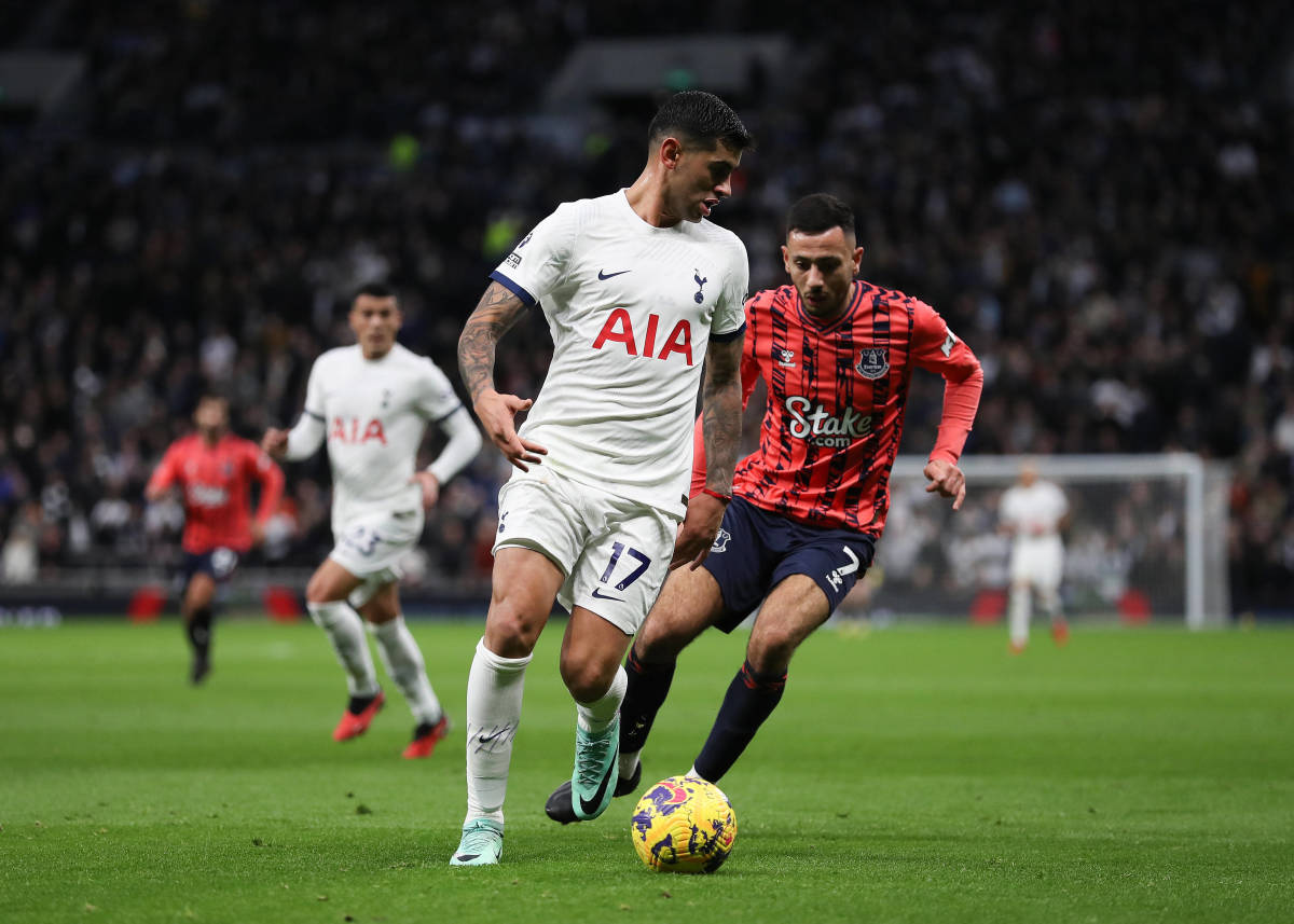 Cristian Romero pictured (center) during Tottenham Hotspur's 2-1 win over Everton in December 2023