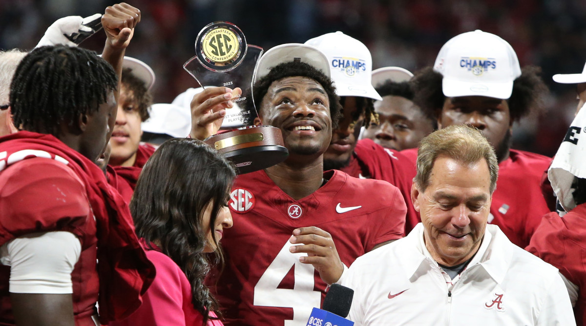 Jalen Milroe celebrating the SEC championship.