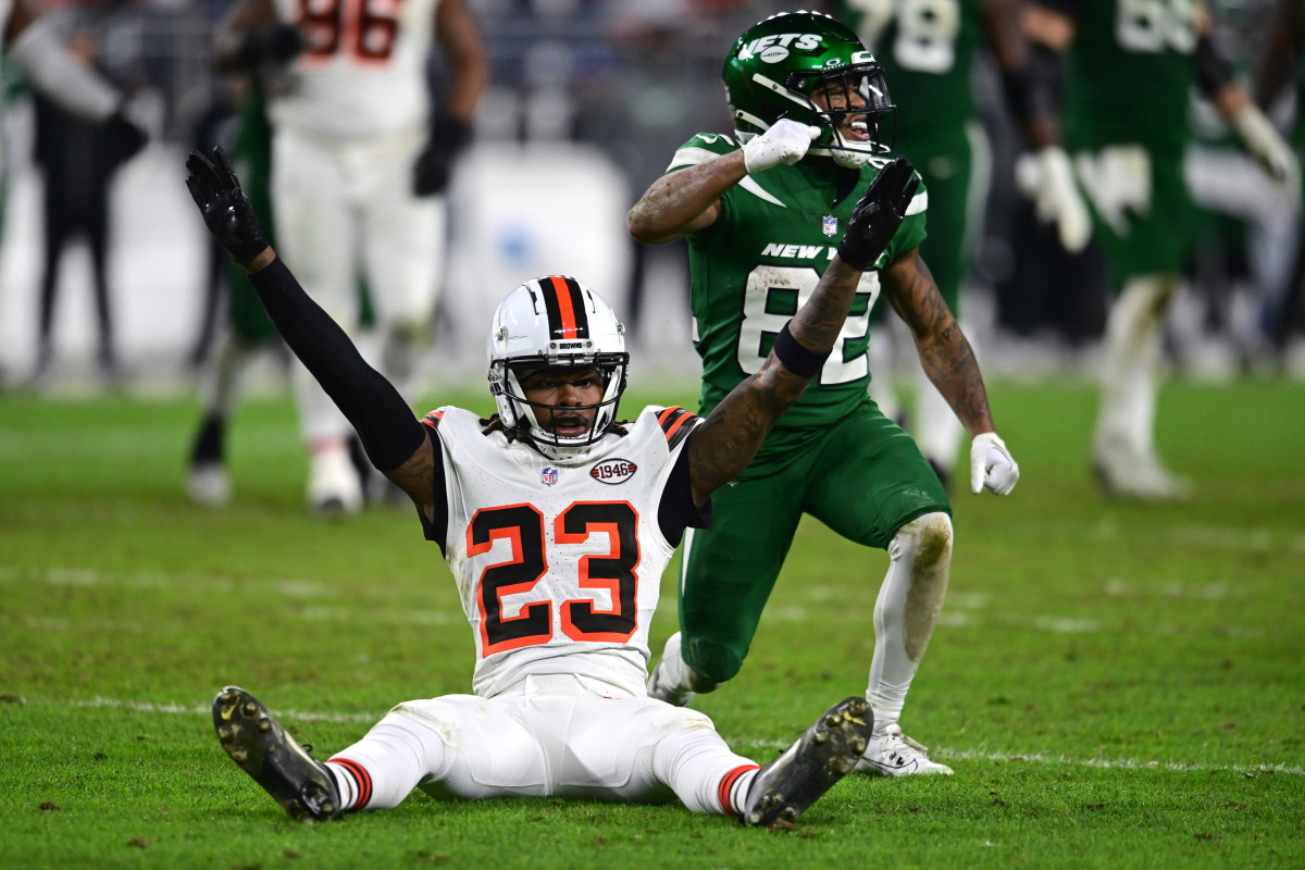 Dec 28, 2023; Cleveland, Ohio, USA; Cleveland Browns cornerback Martin Emerson Jr. (23) reacts after defending a pass intended for New York Jets wide receiver Xavier Gipson (82) during the second half at Cleveland Browns Stadium. Mandatory Credit: Ken Blaze-USA TODAY Sports  