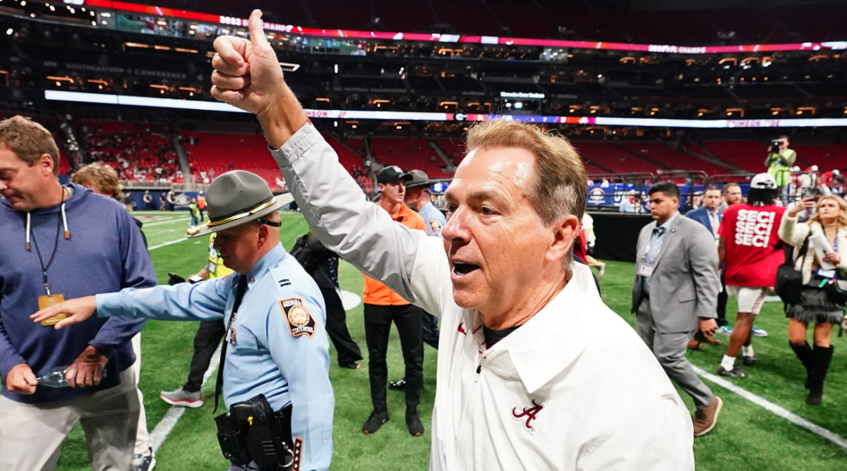 Alabama coach Nick Saban gives a thumbs-up after the Crimson Tide defeat Georgia at the 2023 SEC championship.