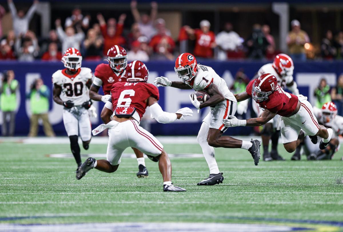 Georgia wide receiver Marcus Rosemy-Jacksaint during Georgia’s game against Alabama in the 2023 SEC Championship at Mercedes-Benz Stadium in Atlanta, Ga., on Saturday, Dec. 2, 2023. (Tony Walsh/UGAAA)