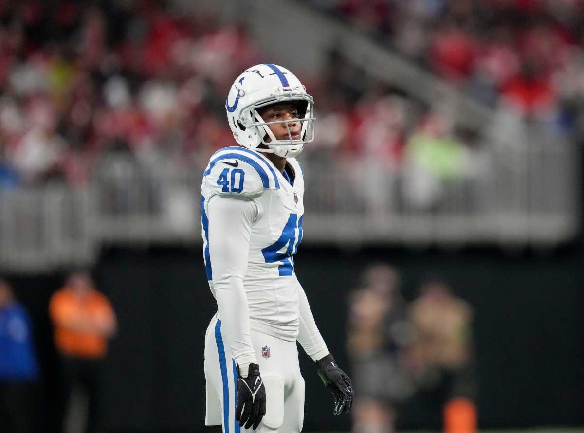 Indianapolis Colts cornerback Jaylon Jones (40) stands on the field Sunday, Dec. 24, 2023, during a game against the Atlanta Falcons at Mercedes-Benz Stadium in Atlanta.  