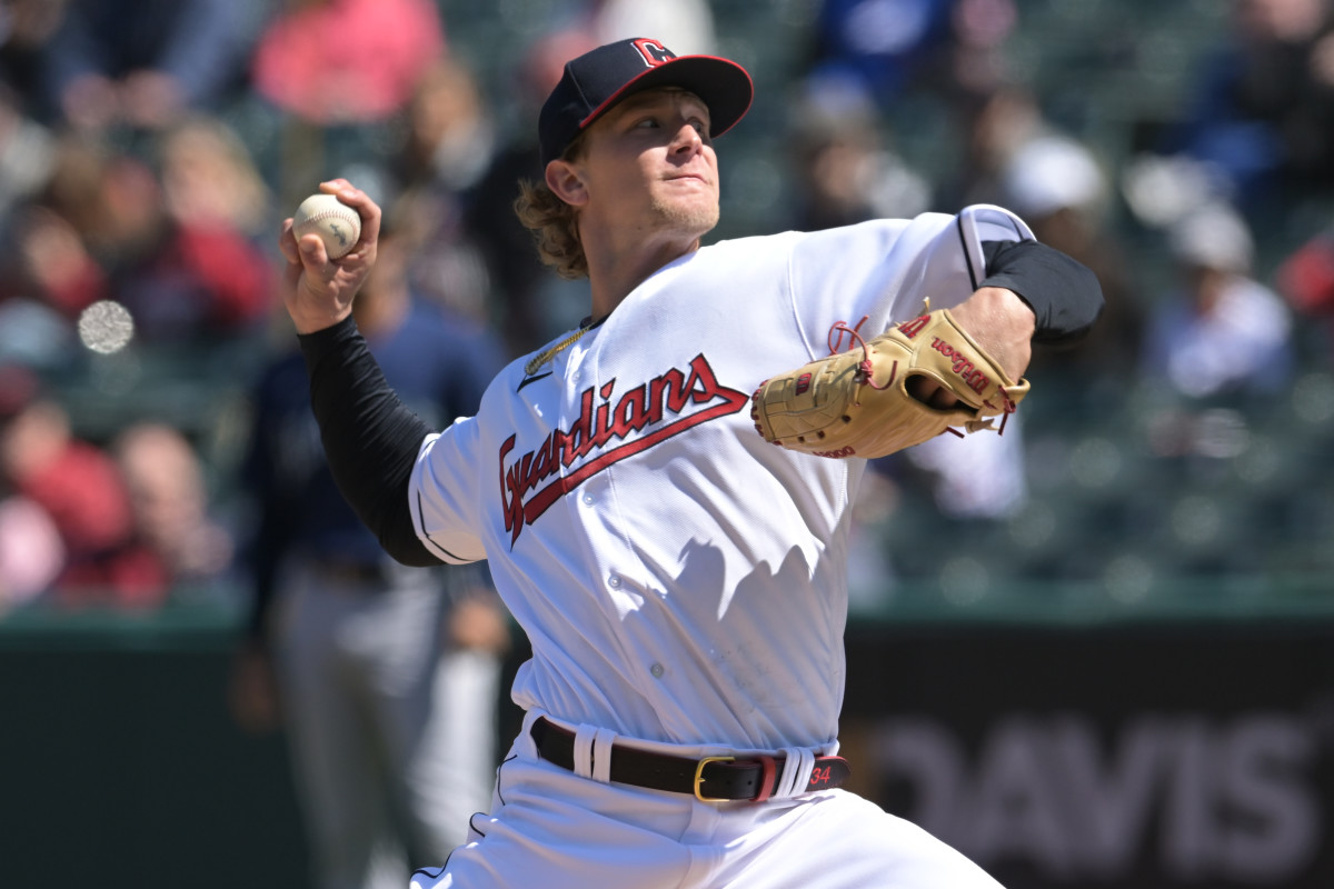 Apr 9, 2023; Cleveland, Ohio, USA; Cleveland Guardians starting pitcher Zach Plesac (34) throws a pitch during the first inning against the Seattle Mariners at Progressive Field.