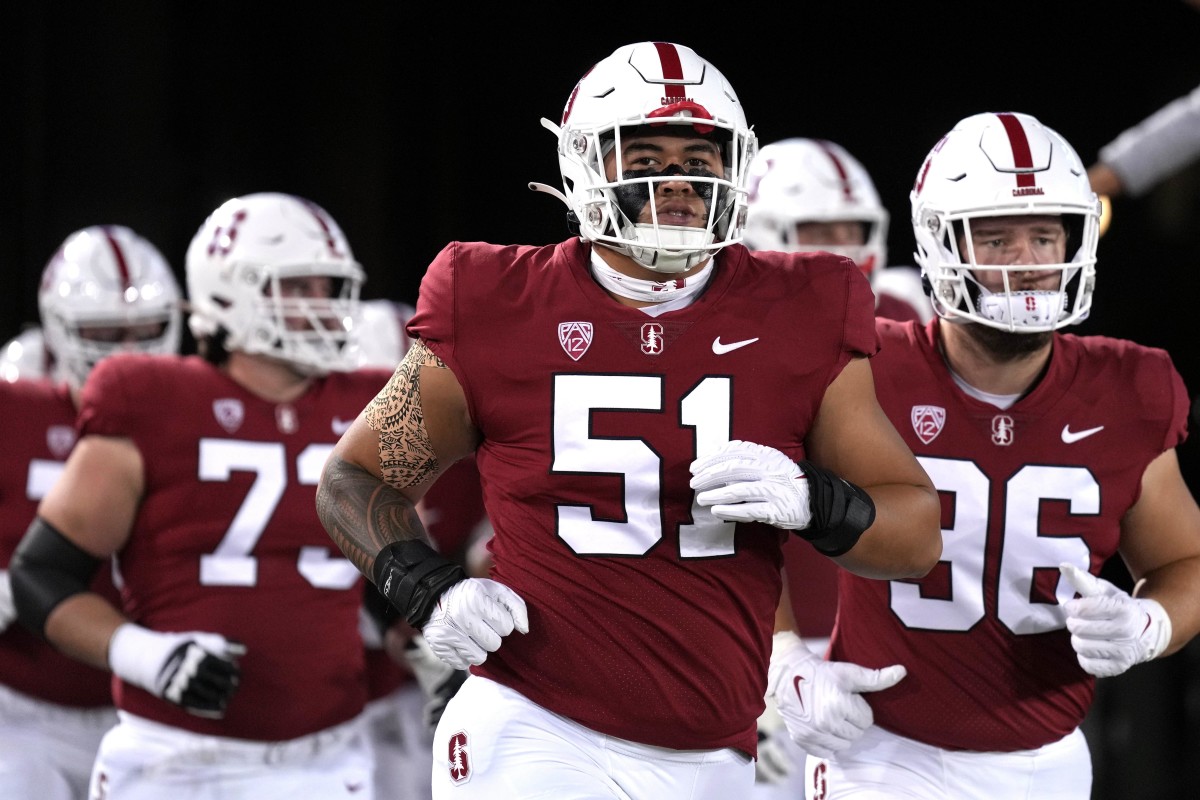 Oct 8, 2022; Stanford, California, USA; Stanford Cardinal defensive lineman Jaxson Moi (51) jogs onto the field before the game against the Oregon State Beavers at Stanford Stadium. Mandatory Credit: Darren Yamashita-USA TODAY Sports