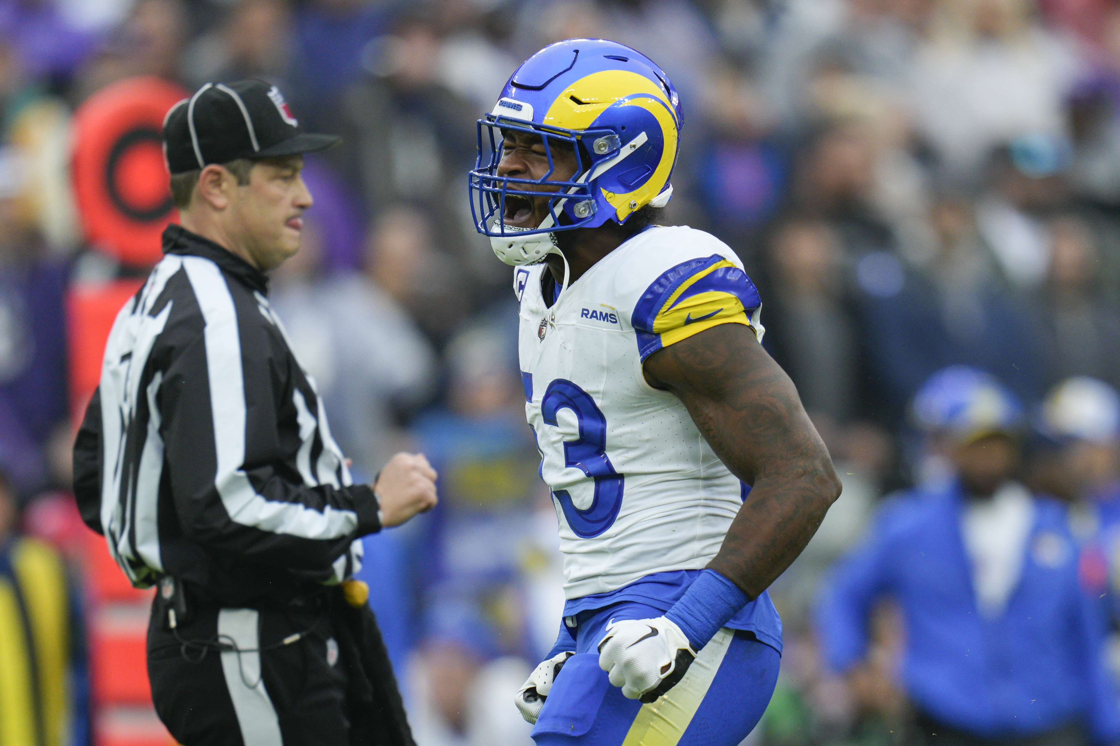 Los Angeles LB Ernest Jones celebrating making a play against the Baltimore Ravens (10th Dec., 2023)