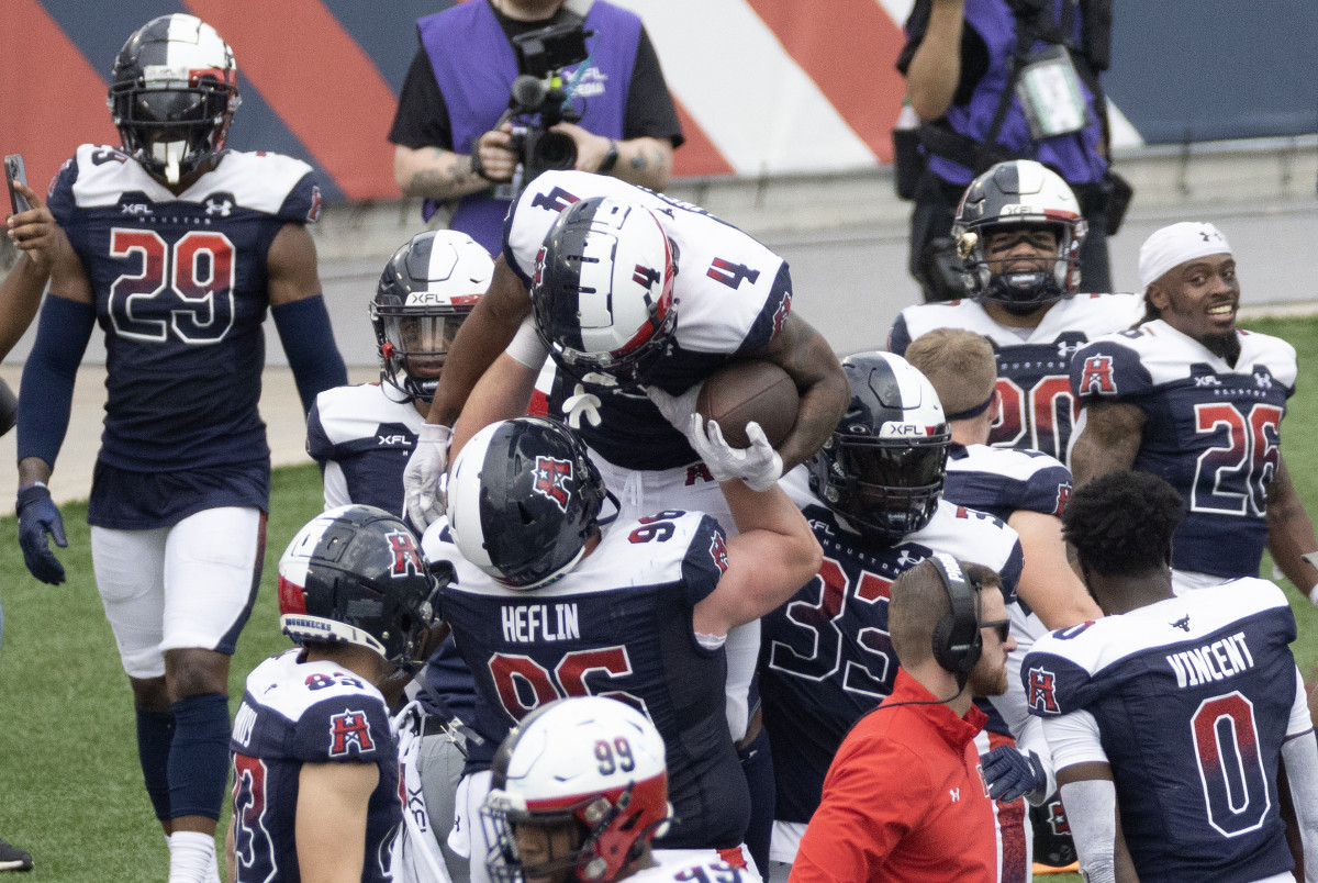 Apr 2, 2023; Houston, TX, USA; Houston Roughnecks defensive back Willam Like (4) celebrates his fumble recovery for a touchdown against the St. Louis Battlehawks in the fourth quarter at TDECU Stadium. Mandatory Credit: Thomas Shea-USA TODAY Sports