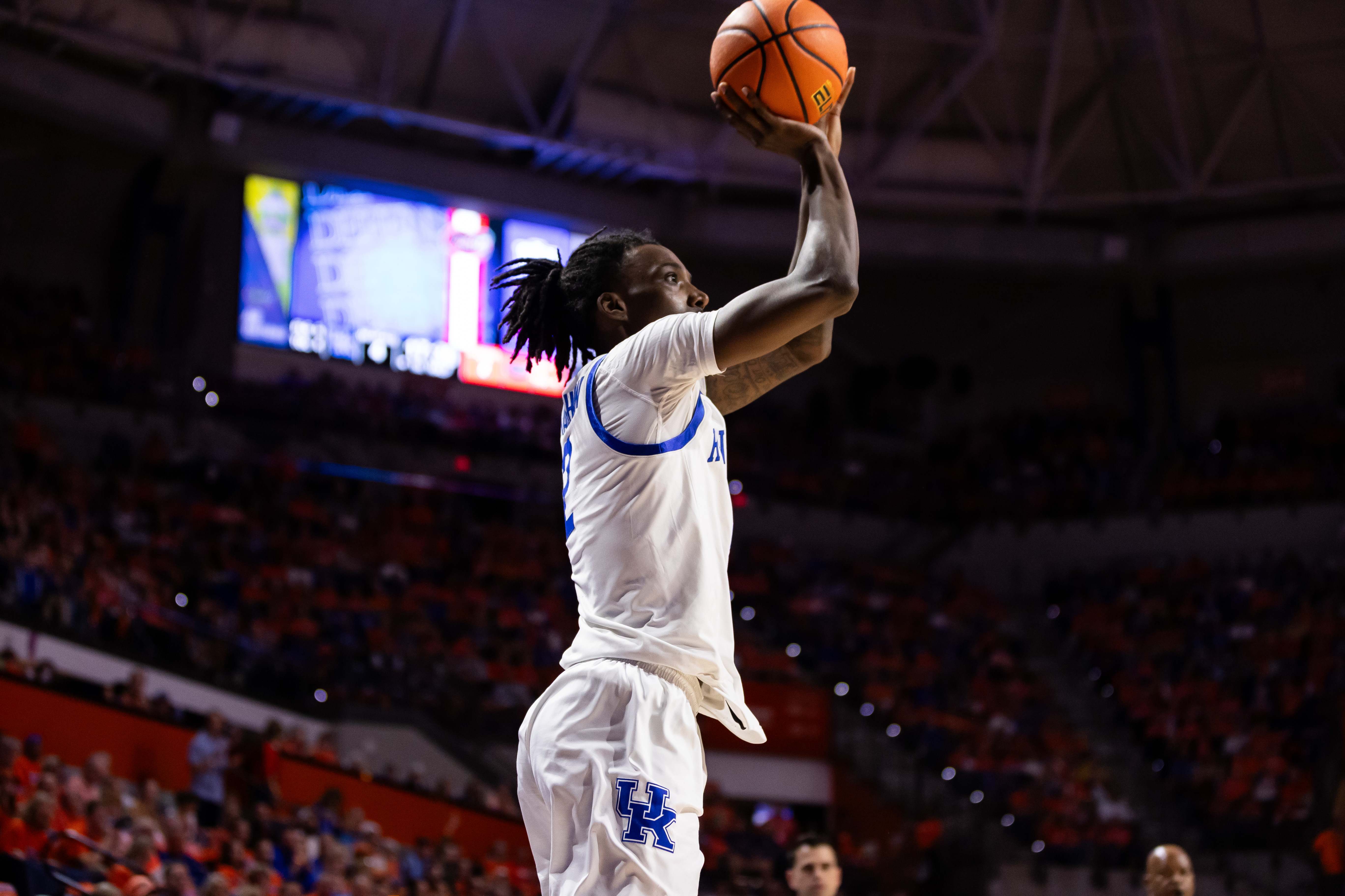 Jan 6, 2024; Gainesville, Florida, USA; Kentucky Wildcats forward Aaron Bradshaw (2) shoots the ball during the first half against the Florida Gators at Exactech Arena at the Stephen C. O'Connell Center. Mandatory Credit: Matt Pendleton-USA TODAY Sports