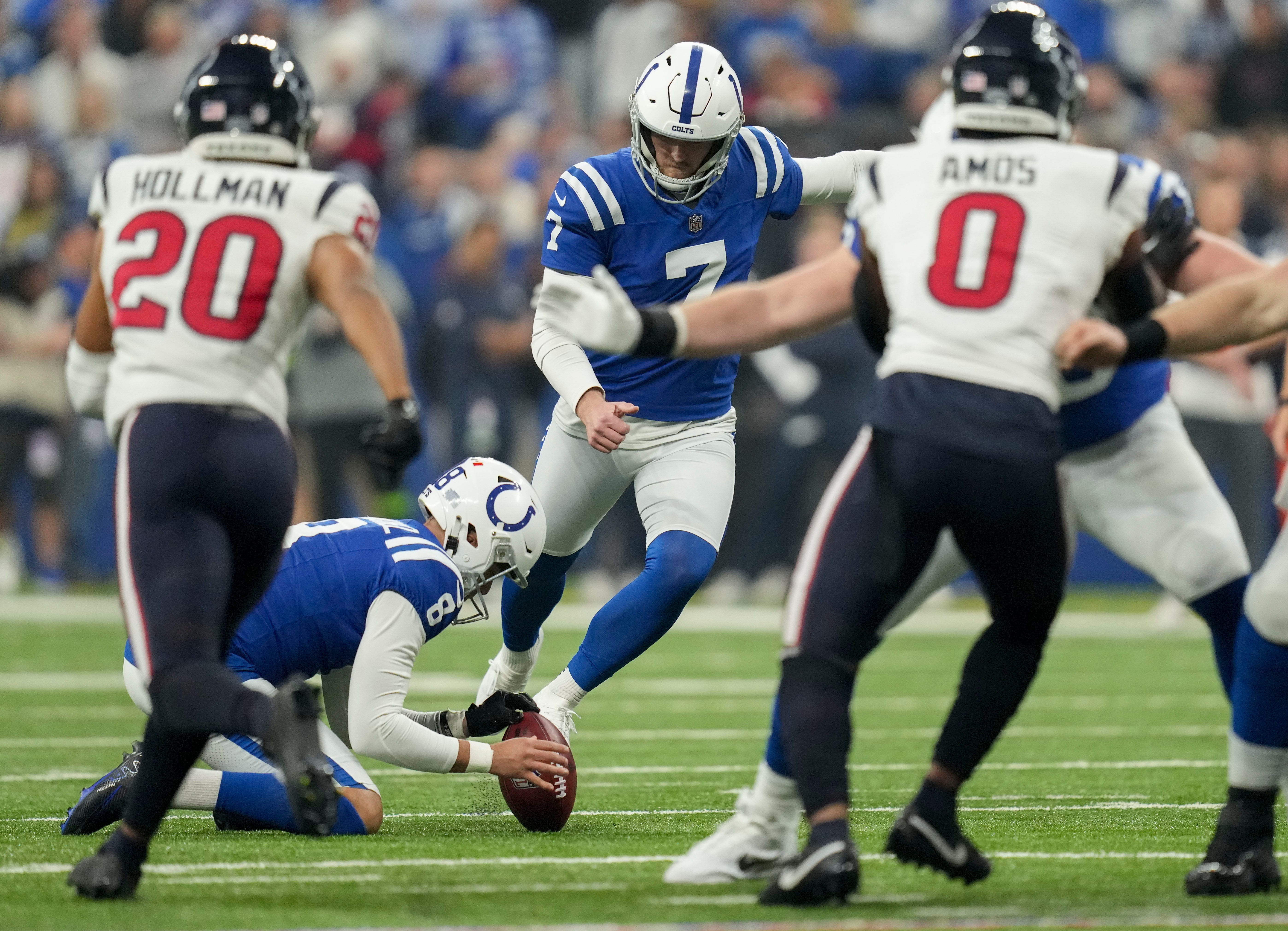 Indianapolis Colts place kicker Matt Gay (7) kicks a field goal Saturday, Jan. 6, 2024, during a game against the Houston Texans at Lucas Oil Stadium in Indianapolis.  