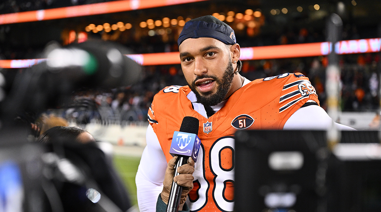 Chicago Bears defensive lineman Montez Sweat (98) is interviewed for television after a 16-13 win over the Carolina Panthers at Soldier Field.