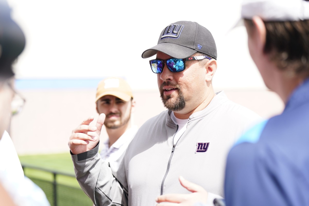Drew Wilkins, New York Giants outside linebackers coach, talks to reporters before mandatory minicamp at the Giants training center in East Rutherford on Tuesday, June 13, 2023.