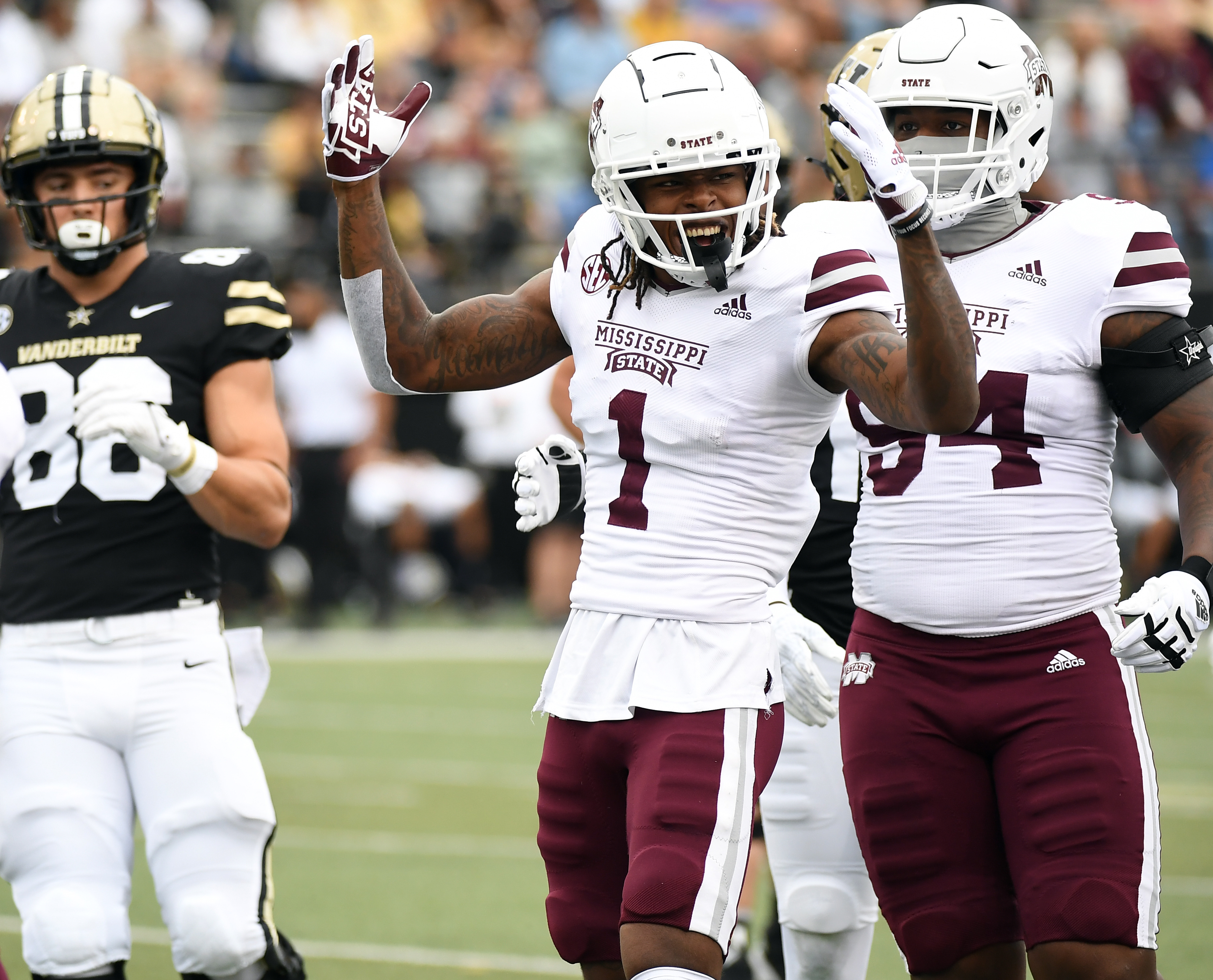  Mississippi State Bulldogs cornerback Martin Emerson (1) after a defensive stop during the first half against the Vanderbilt Commodores at Vanderbilt Stadium.