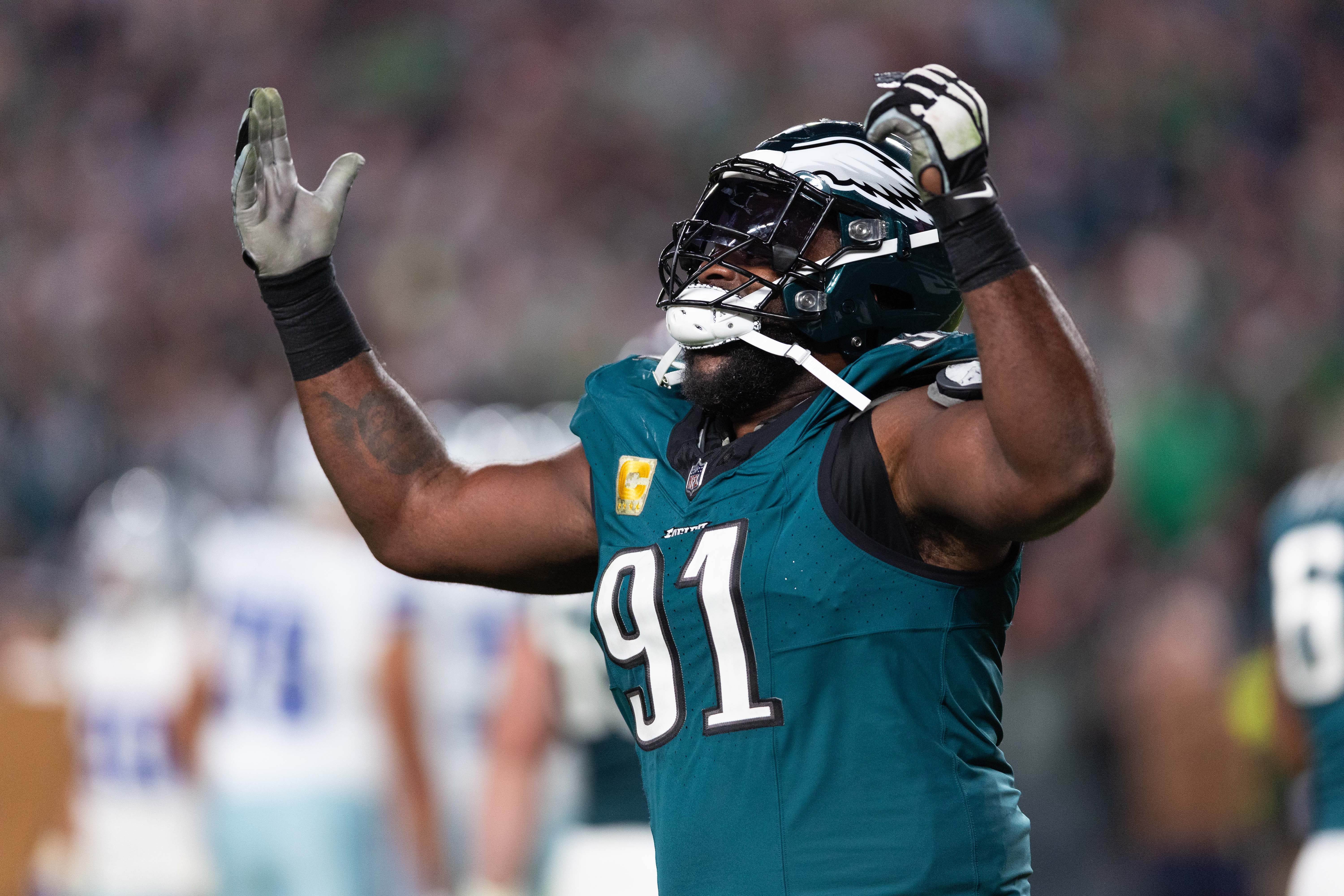 Philadelphia Eagles defensive tackle Fletcher Cox (91) reacts after a stop against the Dallas Cowboys during the fourth quarter at Lincoln Financial Field.