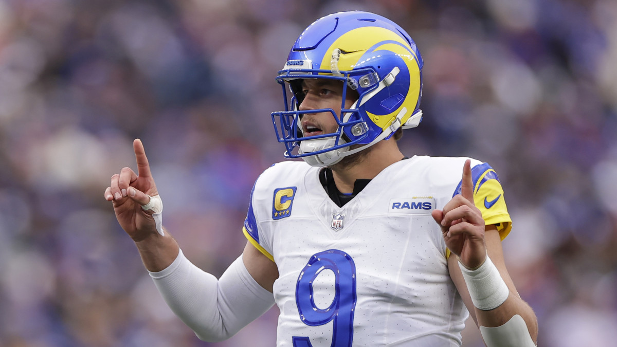 Closeup of Matthew Stafford in a white Rams jersey