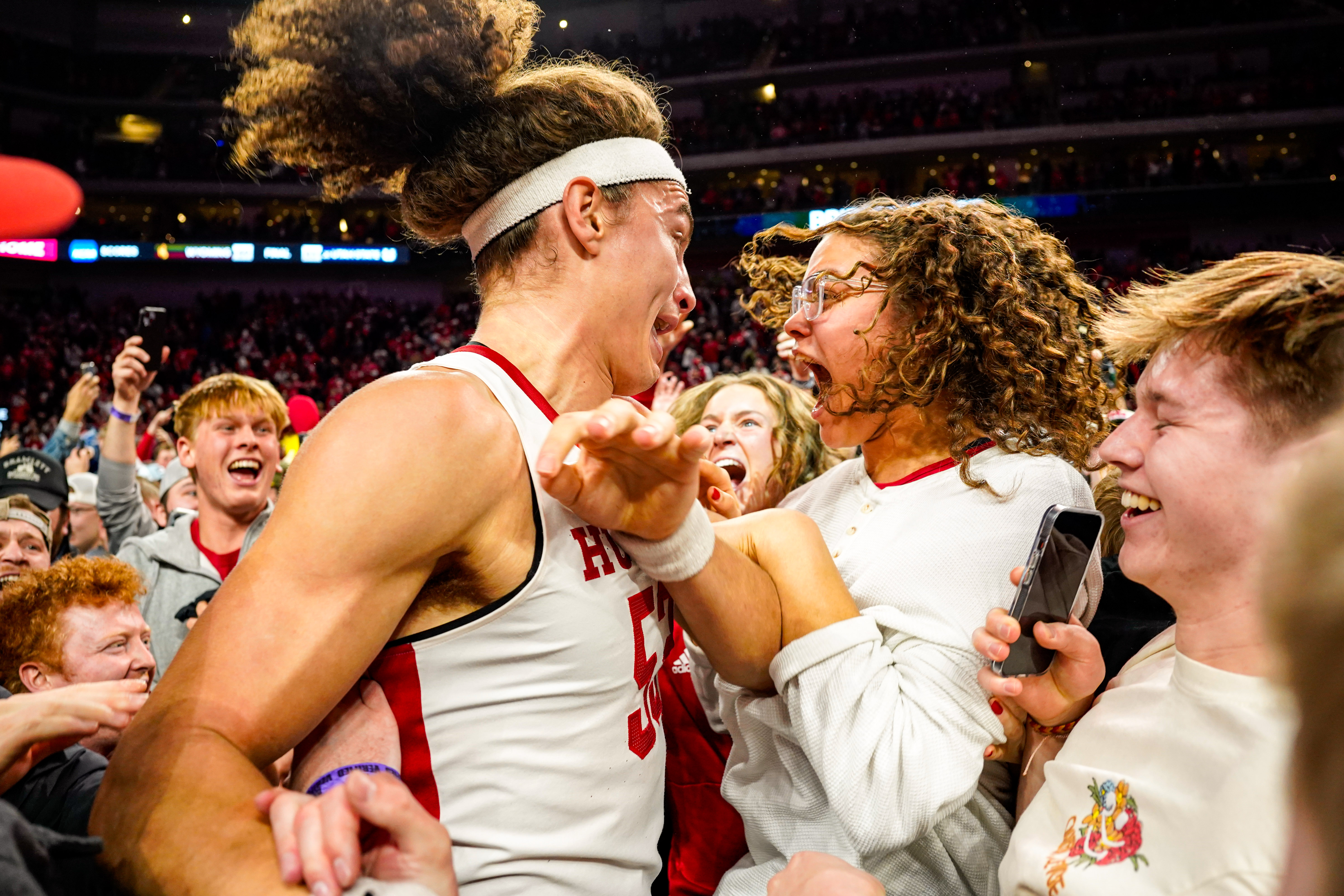 Nebraska forward Josiah Allick celebrates with fans after the Huskers' upset win Tuesday night over Purdue at Pinnacle Bank Arena in Lincoln.  (Jan 9, 2024)