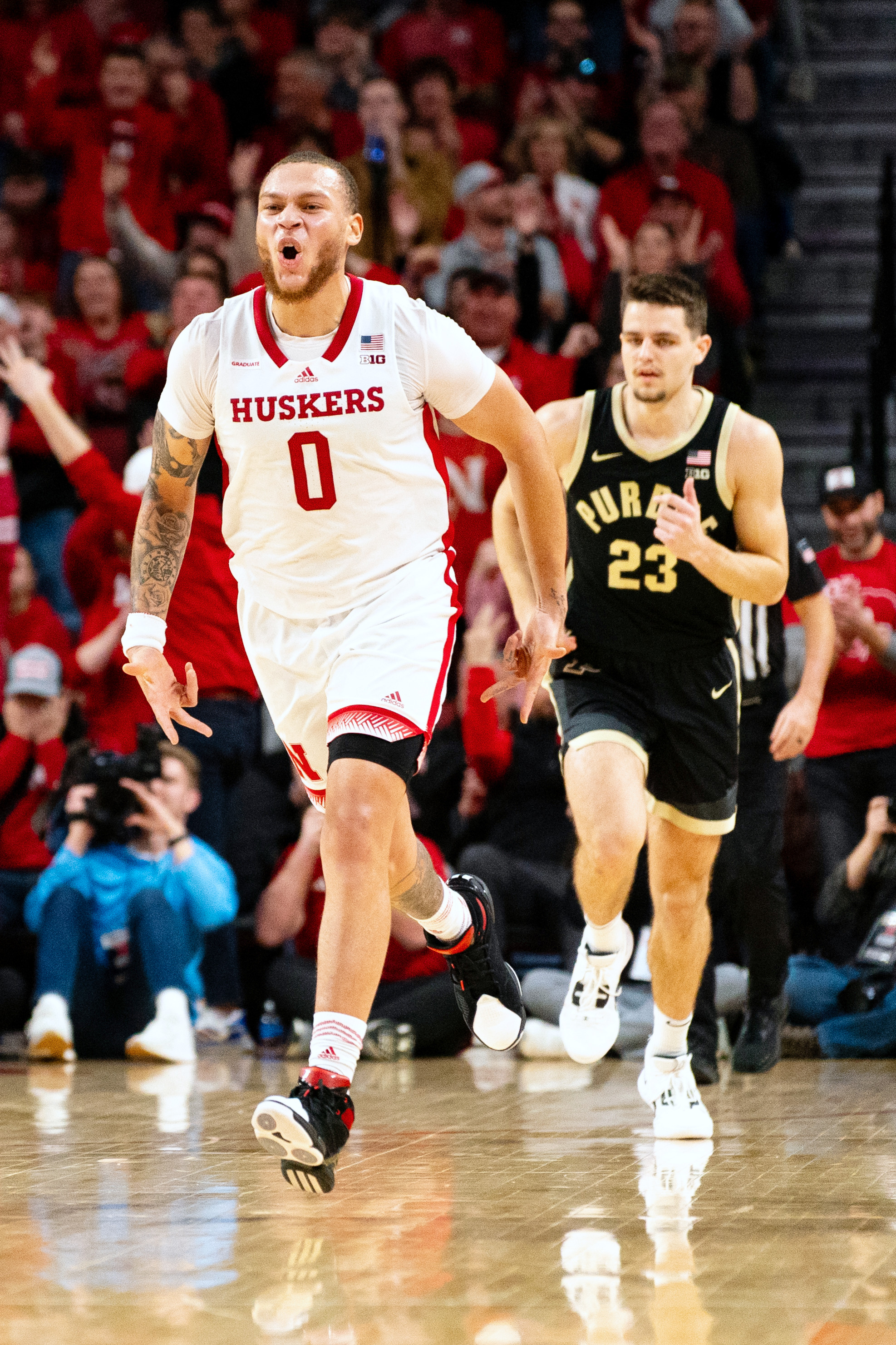 Nebraska guard C.J. Wilcher celebrates after sinking a a three-point shot during the second half Tuesday night against Purdue at Pinnacle Bank Arena in Lincoln. (Jan 9, 2024)