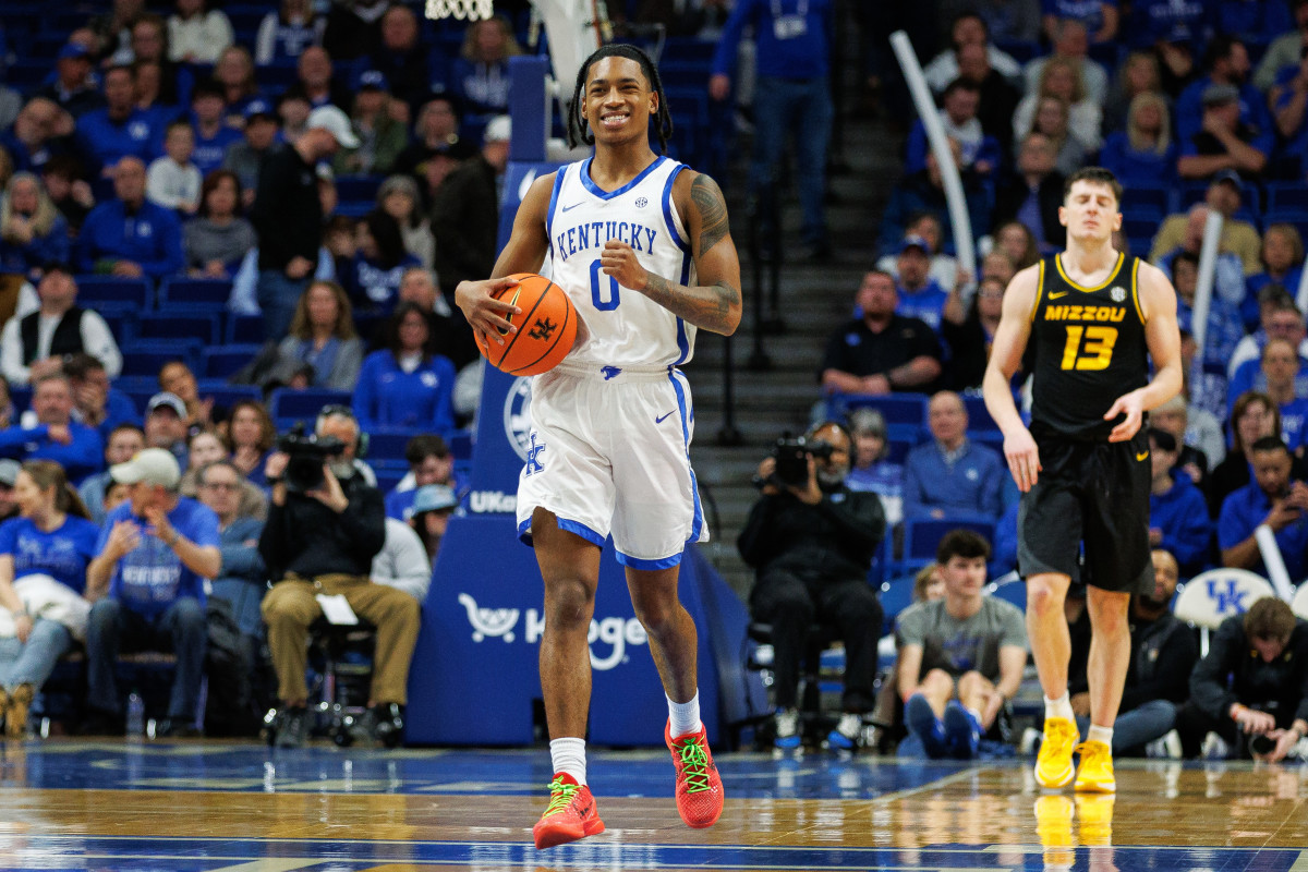 Jan 9, 2024; Lexington, Kentucky, USA; Kentucky Wildcats guard Rob Dillingham (0) reacts after being fouled during the second half against the Missouri Tigers at Rupp Arena at Central Bank Center. Mandatory Credit: Jordan Prather-USA TODAY Sports