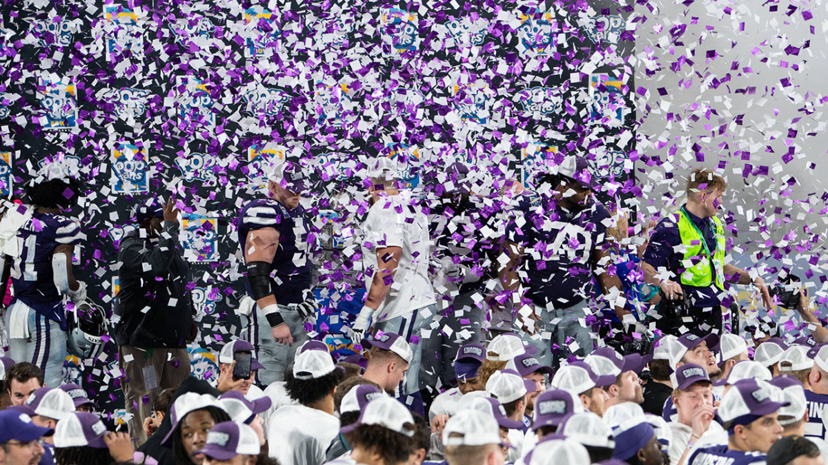 Confetti falls on players after a bowl game win.