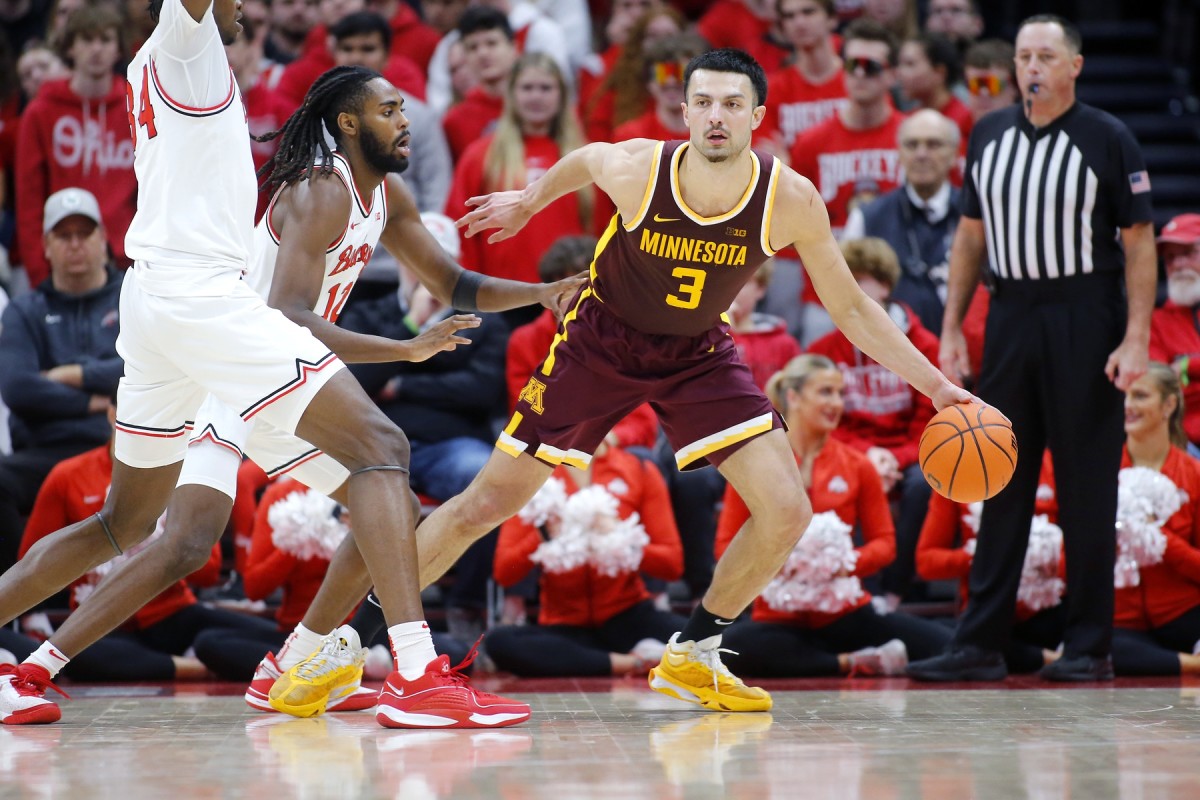 Minnesota Golden Gophers forward Dawson Garcia (3) looks to pass as Ohio State Buckeyes guard Evan Mahaffey (12) defends him during the second half at Value City Arena.