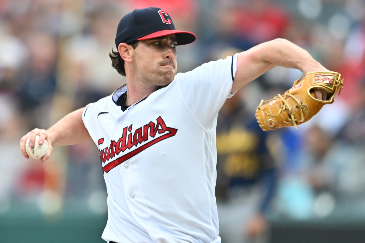 Jun 23, 2023; Cleveland, Ohio, USA; Cleveland Guardians starting pitcher Shane Bieber (57) throws a pitch during the first inning against the Milwaukee Brewers at Progressive Field.