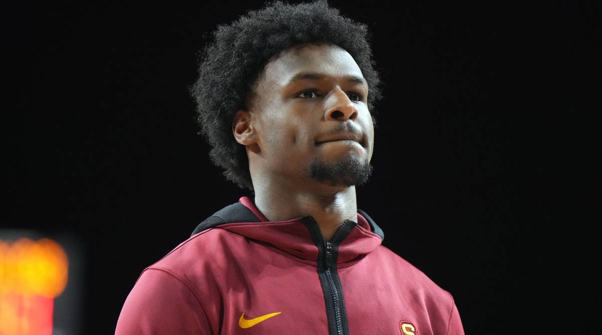 USC guard Bronny James looks on during warmups before a game.